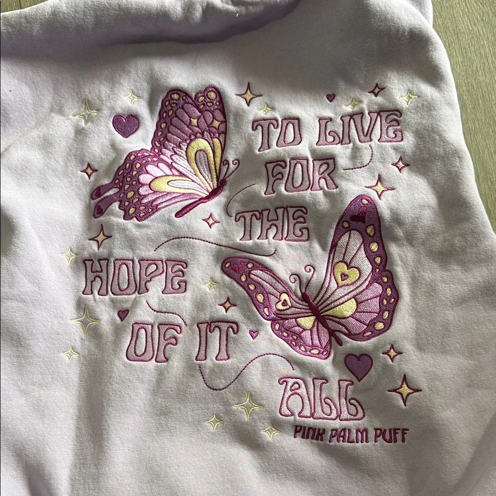 Lilac Pullover Hoodie with Pink Palm Puff & Butterfly Motifs - Picture 2 of 3